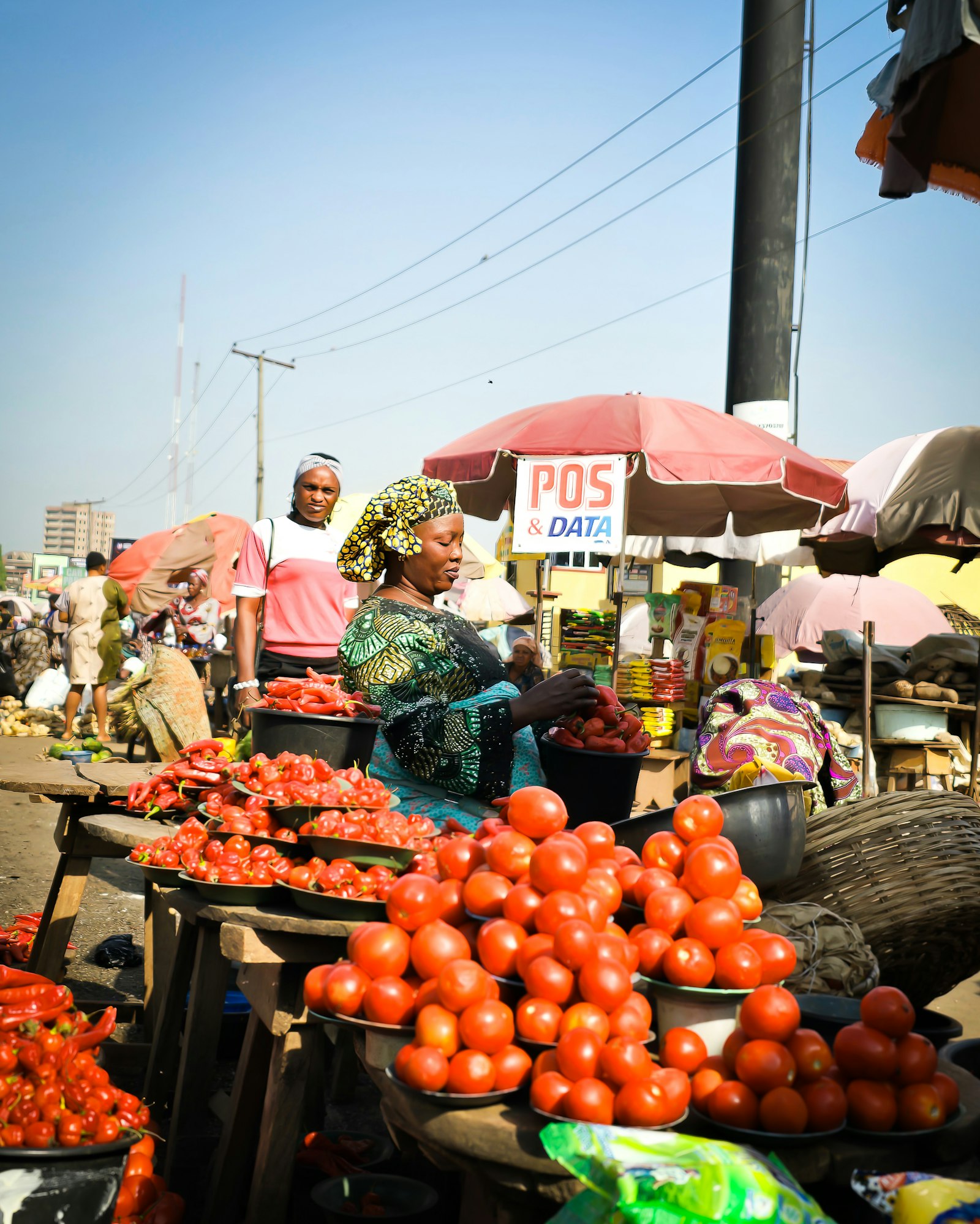 A trader at her stall in a Nigerian market, sorting peppers beside stacked bowls of tomatoes.